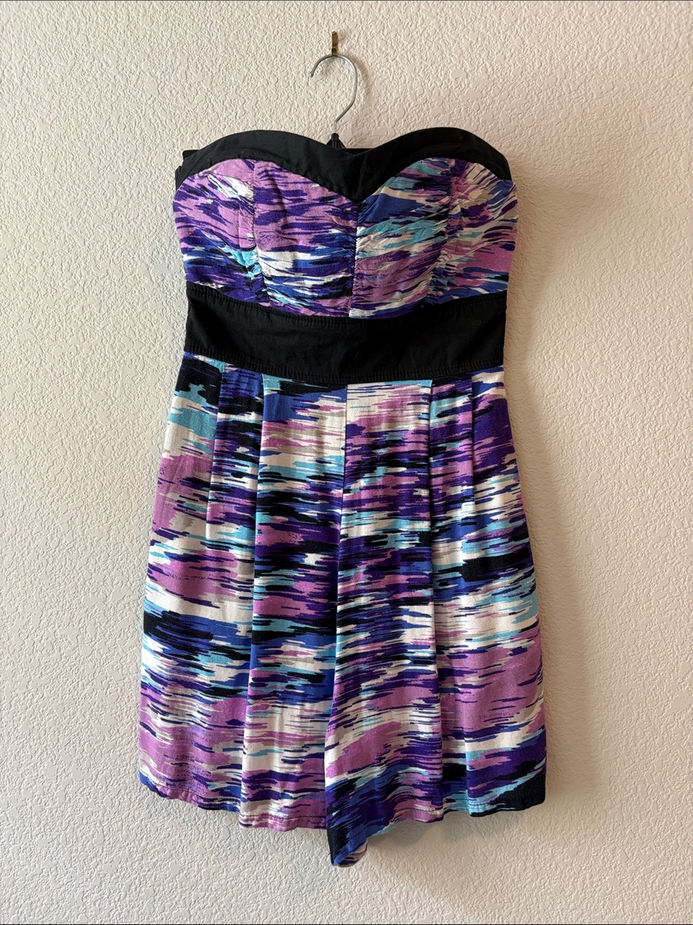 Sequin Hearts Strapless Purple, Blue & Black Abstract Print Romper
